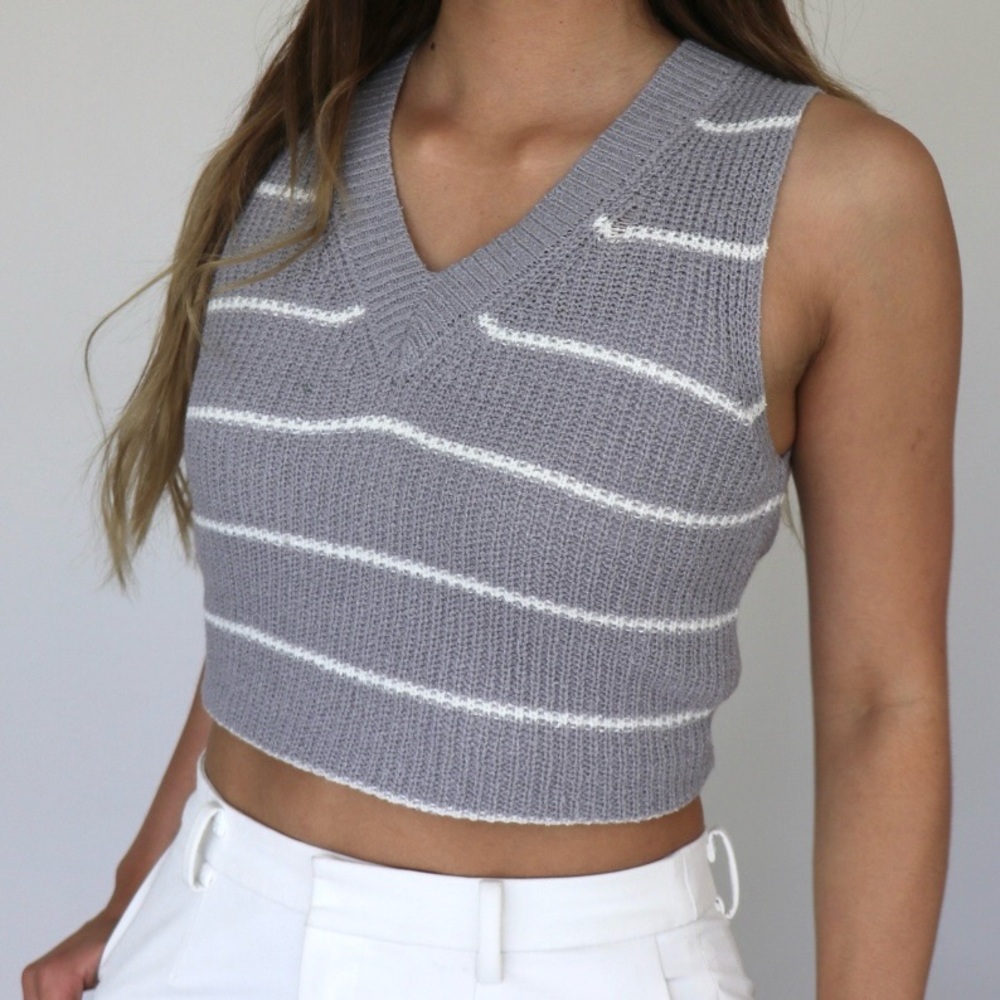 Gray and White Striped Knit Vest